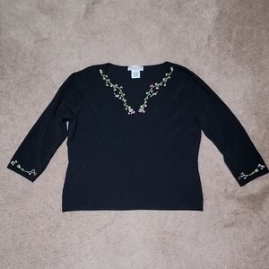 JohnPaulRichard Black Top with Floral Embroidery